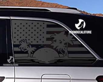 Pour Jeep Grand Cherokee 2021-2026 à deux rangées et 4 fenêtres sur quart d'E, drapeau américain, plage, coucher de soleil, palmier, sticker