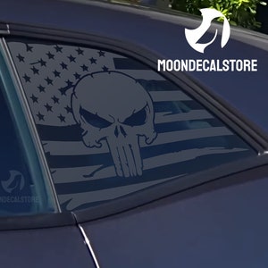 Fits 2008-2023 Dodge Challenger Quarter Window Distressed Punisher American Flag Decal Sticker