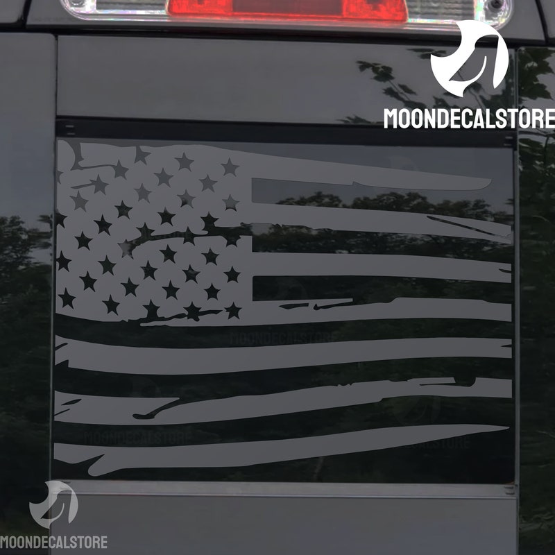 Distressed American Flag Decal Sticker For 2009-2023+ Dodge RAM Back Middle Window - Matte Black Vinyl