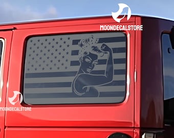 Fits 2007-2018 Jeep Wrangler 4 Door Hard Top JKU Quarter Window Girl Power American Flag Decal Sticker
