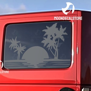 Fits 2007-2018 Jeep Wrangler 4 Door Hard Top JKU Quarter Window Beach Sunset Palm tree Decal Sticker