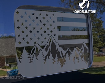Fits 2020-2025 Jeep Gladiator Back Middle Window American Flag Mountain Tree Outdoor Scene Decal Sticker