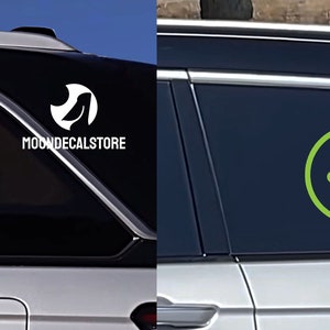 May include: Two images of a car window with a decal. The first image shows a red circle with a white X inside. The second image shows a green circle with a white checkmark inside. Both decals have the text "MOONDECALSTORE" in white text.