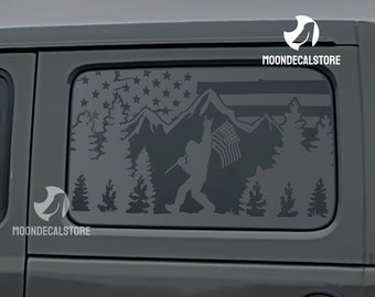Fits 2018-2026 Jeep Wrangler 4 Door  JLU Quarter Window Distressed American Flag Sasquatch Bigfoot Decal Sticker