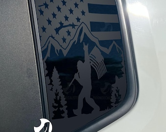 Fits 2015-2024 Jeep Renegade Quarter Window Distressed American Flag Sasquatch Bigfoot Decal Sticker