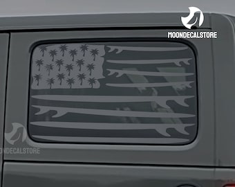 Fits 2018-2026 Jeep Wrangler 4 Door  JLU Quarter Window American Flag Surfboard Palm tree Decal Sticker