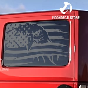 Fits 2007-2018 Jeep Wrangler 4 Door Hard Top JKU Quarter Window Distressed American Flag Eagle Decal Sticker