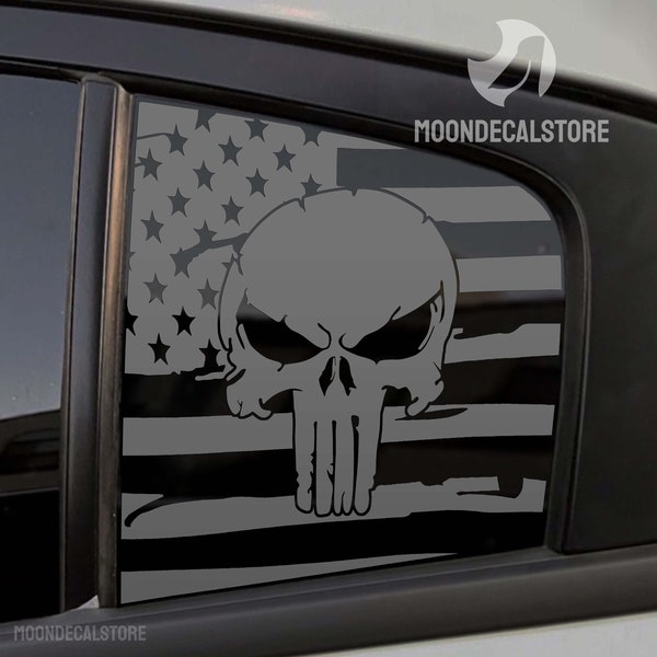 Fits 2011-2023 Dodge Charger Quarter Window Distressed Punisher American Flag Decal Sticker