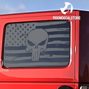 Fits 2007-2018 Jeep Wrangler 4 Door Hard Top JKU Quarter Window Distressed American Flag Punisher Decal Sticker
