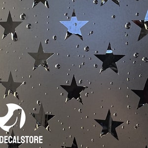 Puede incluir: Primer plano de una ventana de vidrio esmerilado con un patr&oacute;n repetitivo de estrellas recortadas. El vidrio est&aacute; mojado con gotas de agua.