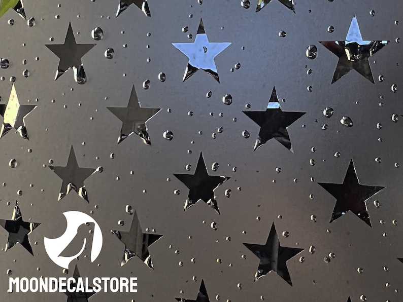 Puede incluir: Primer plano de una ventana de vidrio esmerilado con un patr&oacute;n repetitivo de estrellas recortadas. El vidrio est&aacute; mojado con gotas de agua.