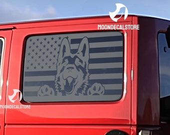 Fits 2007-2018 Jeep Wrangler 4 Door Hard Top JKU Quarter Window German Shepherd American Flag Dog Decal Sticker