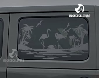 May include: A gray car window with a decal of palm trees, flamingos, and a sunset. The decal is in a gray silhouette style. The text "MOONDECALSTORE" appears twice on the decal.