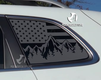 Fits 2014-2023 Jeep Cherokee Quarter Window American Flag Outdoor Mountain Tree Scene Decal Sticker