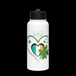 IRISH THEMED Stainless Steel Water Bottle Irish Flag Ireland Pride Luck Of The Irish Water Bottle  Four Leaf Clovers Irish Heritage Bottle