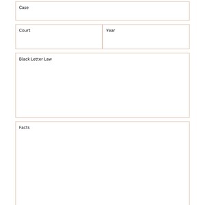 May include: A case brief outline template with fields for date, class, case, court, year, black letter law, and facts.