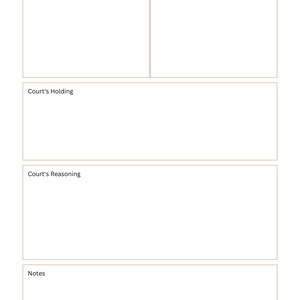 May include: A blank legal case brief template with sections for the plaintiff's argument, defendant's argument, court's holding, court's reasoning, and notes.