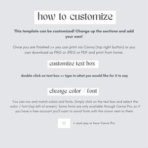 May include: A guide on how to customize a template using Canva. The text explains how to change the text, color, and font. It also mentions that some fonts are only available through Canva Pro.