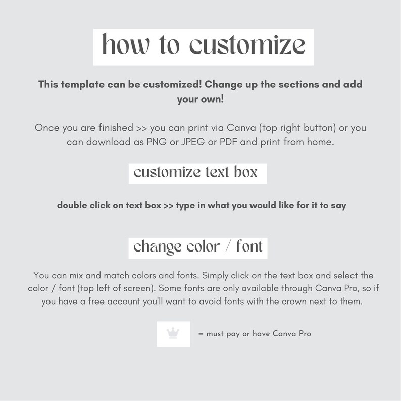 May include: A guide on how to customize a template using Canva. The text explains how to change the text, color, and font. It also mentions that some fonts are only available through Canva Pro.