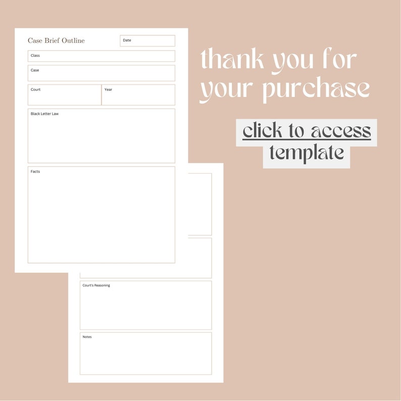 May include: A printable case brief outline template with sections for case name, court, year, black letter law, facts, court's reasoning, and notes.
