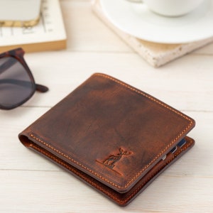 Cartera personalizada para hombre / Carteras plegables para hombre / Cartera minimalista / Cuero de grano completo / Cartera de bolsillo delgada y delantera / Regalo para papá BROWN