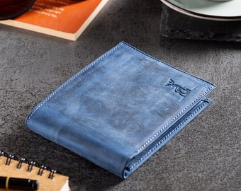 Personalized Gift for Him, Full Grain Leather Mens Wallet, Bifold Blue Wallet for Men with Minimalist Card Holder, Christmas Gift for Him