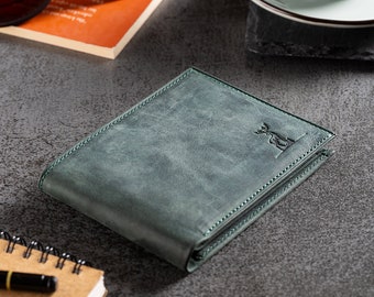 Full Grain Leather Wallet for Men, Personalized Bifold Men Wallet, Green Leather Wallet with Minimalist Card Holder, Christmas Gift for Him