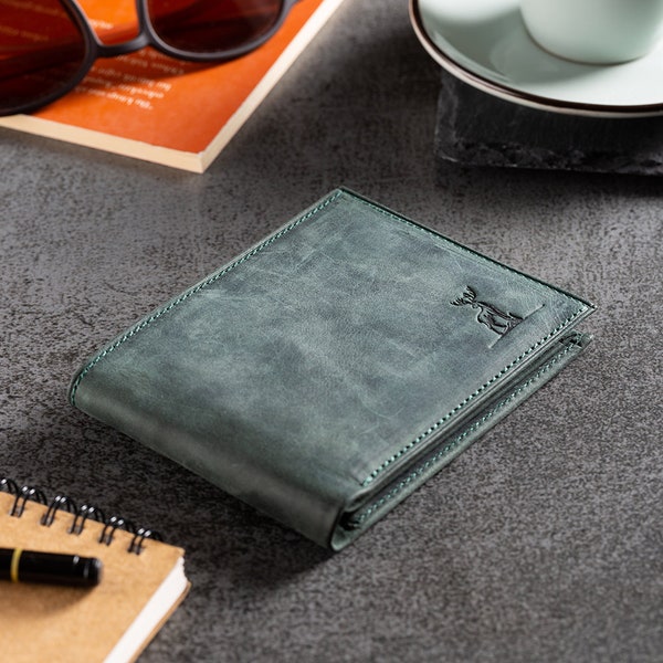 Full Grain Leather Wallet for Men, Personalized Bifold Men Wallet, Green Leather Wallet with Minimalist Card Holder, Christmas Gift for Him