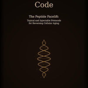 Op de afbeelding: Boekomslag met de titel "The Aesthetic Code" en de ondertitel "The Peptide Facelift: Topical and Injectable Protocols for Reversing Cellular Aging." Toont een gouden DNA-achtig ontwerp en de naam van de auteur, Andy Davis, op een donkere achtergrond.