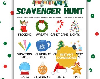 May include: A printable Christmas scavenger hunt with colorful illustrations of holiday items like a stocking, wreath, candy cane, and Christmas lights. The text reads "Scavenger Hunt" and "Instant Download".
