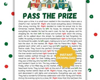 May include: A printable game sheet titled PASS THE PRIZE featuring a festive illustration of a snowy village with houses and trees. The text tells a Christmas story with the words right and left highlighted in red and green ink.