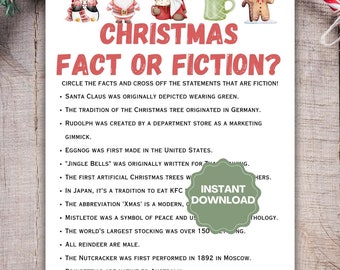 May include: A white game card titled CHRISTMAS FACT OR FICTION? featuring watercolor illustrations of a penguin, Santa, a gnome, a mug, and a gingerbread man. The text lists twelve holiday statements to circle or cross off, with an INSTANT DOWNLOAD badge.