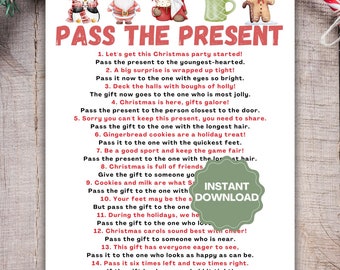May include: A festive Christmas party game titled "Pass The Present" with a list of instructions. The design features watercolor illustrations of holiday characters like a penguin, Santa, and a gingerbread man. The words "Instant Download" are also visible.