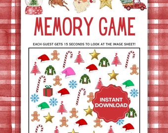 May include: A printable memory game sheet featuring Christmas-themed illustrations including Santa, reindeer, stars, and a truck. The text reads MEMORY GAME, EACH GUEST GETS 15 SECONDS TO LOOK AT THE IMAGE SHEET!, and INSTANT DOWNLOAD.