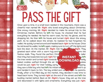 May include: A Pass the Gift Christmas party game card featuring watercolor illustrations of a snow globe, reindeer, Santa Claus, star, and a red truck carrying trees. The text tells a story with Right and Left highlighted in red and green.