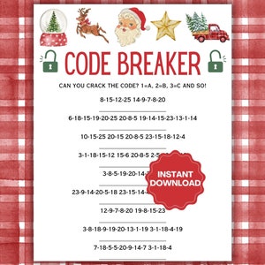 May include: A printable Christmas code breaker game featuring festive illustrations of a snow globe, reindeer, Santa Claus, star, and a truck carrying trees. The text reads "CODE BREAKER" and "INSTANT DOWNLOAD". The background is a red and white plaid pattern.