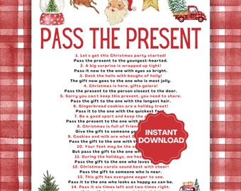 May include: A Pass the Present Christmas party game card featuring watercolor illustrations of a snow globe, reindeer, Santa, star, and red truck. The text includes fifteen rhyming instructions and a red Instant Download badge.