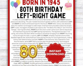 May include: A red and white printable 80th birthday game card with the text "Born in 1945 80th Birthday Left-Right Game". The card features a red and white background with a large gold number 80 and two red hearts with white polka dots. The card includes a list of events that happened in 1945, with the words "Left" and "Right" highlighted in red.