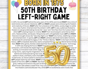 May include: A yellow and pink printable game card with the text "Born in 1975 50th Birthday Left-Right Game". The card features a timeline of events from 1975, highlighting cultural and social changes, music, movies, and sports. The card is decorated with two pink and purple balloons and a pink and white cake.