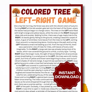May include: A printable autumn-themed game, "Colored Tree Left-Right Game", featuring fall leaves and a tree graphic. The image includes the text "Instant Download" on a circular badge, ideal for autumn activities.