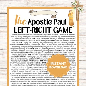May include: A printable game for kids about the Apostle Paul. The game features a colorful illustration of Paul and a dove. The text on the page includes the words "LEFT" and "RIGHT" and describes Paul's journey from persecuting Christians to becoming a follower of Jesus.
