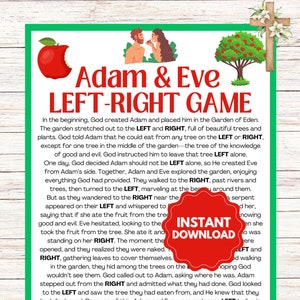以下が含まれることがあります： 「Adam & Eve LEFT-RIGHT GAME」のテキストと、アダムとイブ、リンゴ、木、鳩、十字架のイラストが描かれたカラフルな印刷物。赤い「INSTANT DOWNLOAD」ステッカーが含まれています。