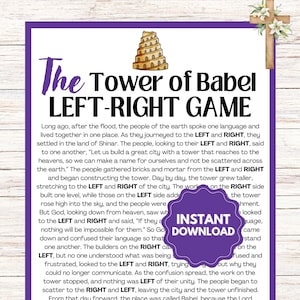 Pode incluir: Uma ilustração colorida da história da Torre de Babel com o texto "The Tower of Babel LEFT-RIGHT GAME". A ilustração mostra uma torre com vários níveis, uma pomba e uma cruz. O texto descreve a história da Torre de Babel e como Deus confundiu as línguas das pessoas.