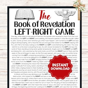 Puede incluir: Un juego imprimible basado en el Libro de Apocalipsis. El juego presenta un formato izquierda-derecha, con instrucciones para girar a la izquierda o a la derecha para seguir la historia del libro. El juego está impreso en papel blanco con acentos rojos, negros y dorados.
