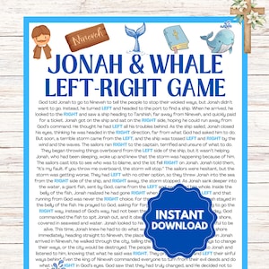 May include: A colorful educational game for kids featuring Jonah and the whale. The game includes a blue whale, a red fish, a red boat, and a blue background. The game is designed to teach children about the story of Jonah and the whale. The game includes the words "Jonah & Whale Left-Right Game".