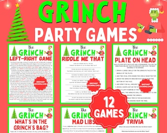 May include: A set of 12 printable Grinch-themed party games. The games include "Left-Right Game", "Riddle Me That", "Plate on Head", "What's in the Grinch's Bag", "Mad Libs", and "Trivia".