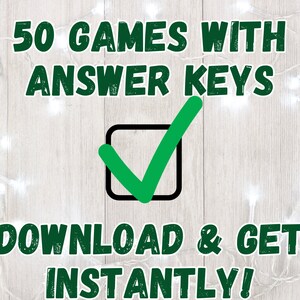 May include: Green text on a white wood background reads "50 Games with Answer Keys". A green checkmark is in a black square. Green text below reads "Download & Get Instantly!"