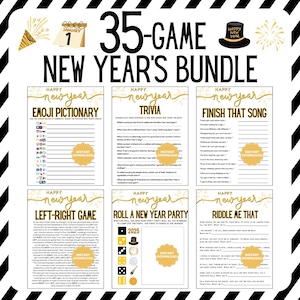 May include: A bundle of six New Year's Eve party games with the text "35-GAME NEW YEAR'S BUNDLE". Games include Emoji Pictionary, Trivia, Finish That Song, Left-Right Game, Roll a New Year Party, and Riddle Me That. Each game has a "Happy New Year" banner.