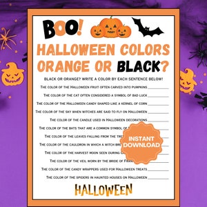 Juego de colores de Halloween / Juegos de fiesta de Halloween / Juego naranja o negro / Juegos de Halloween imprimibles / Juegos de Halloween para adultos y niños en familia