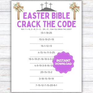May include: Printable Easter Bible Crack the Code game with a purple background and a pink circle with the text "INSTANT DOWNLOAD". The game features a key to decode numbers into letters and a list of numbers to decode.